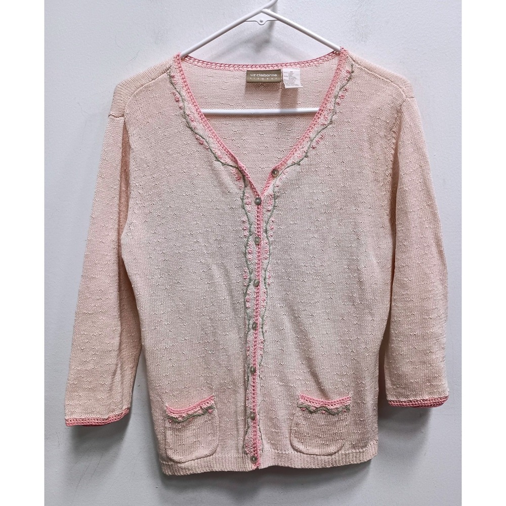 VTG Liz Claiborne Cardigan Womens Medium Pink Linen‎ Floral Embroidered Cottage